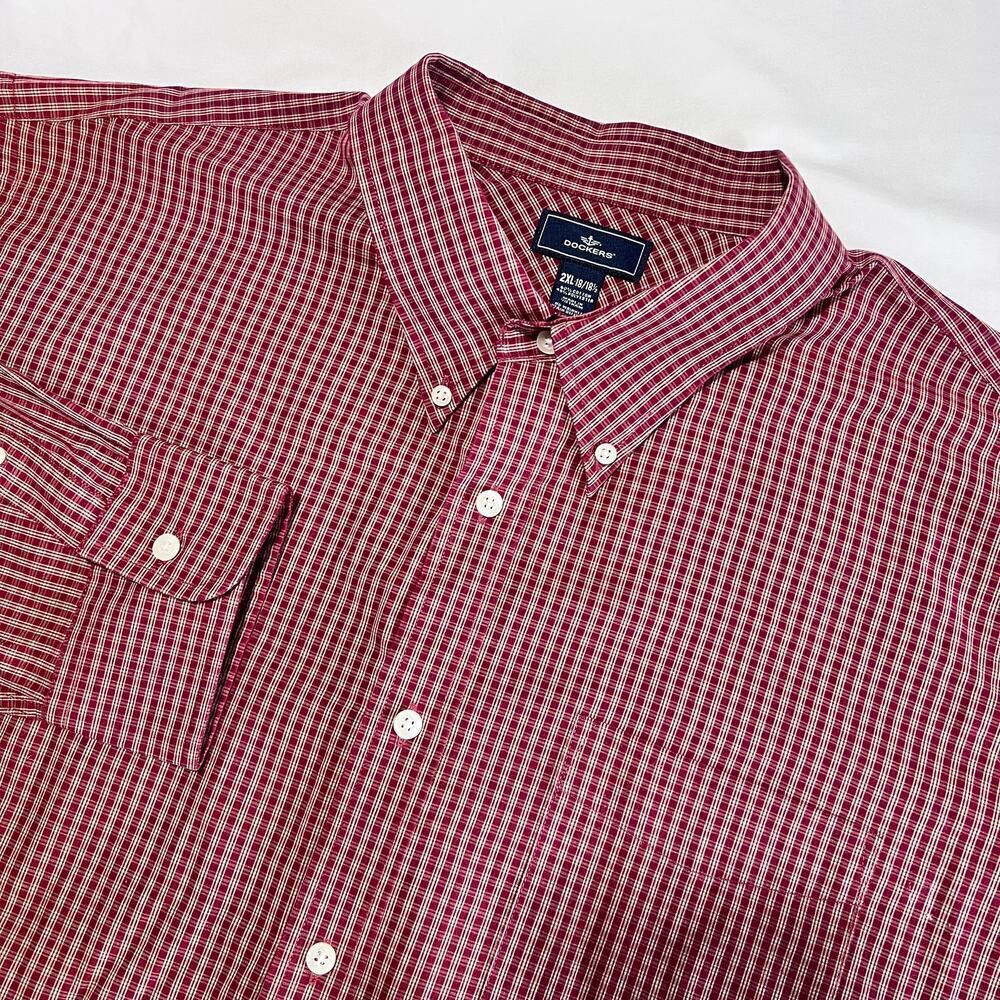 ✨Dockers Button Down Shirt 2XL Red Check Plaid Long Sleeve Cotton Blend Casual